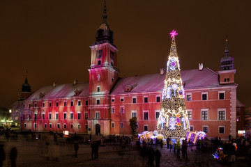 Beautiful Christmas tree on Palace Square of Warsaw in the evening