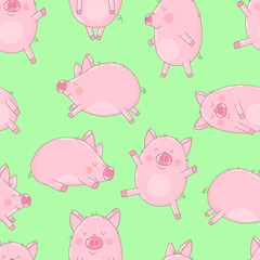 Seamless pattern of cheerful pigs on an isolated green background. Vector illustration of piglets for New Year, prints, wrapping paper, cards, children, clothes, decor, farm, food.