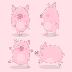 Collection of cute pigs on a pink background. Vector illustration for New Year, Christmas, prints, invitation, flyers, cards, children, clothing, decor, banners.