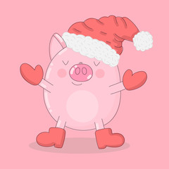 Vector illustration of a funny pig in winter clothes on a pink background. Image for New Year, Christmas, prints, invitations, flyers, cards, children, clothes