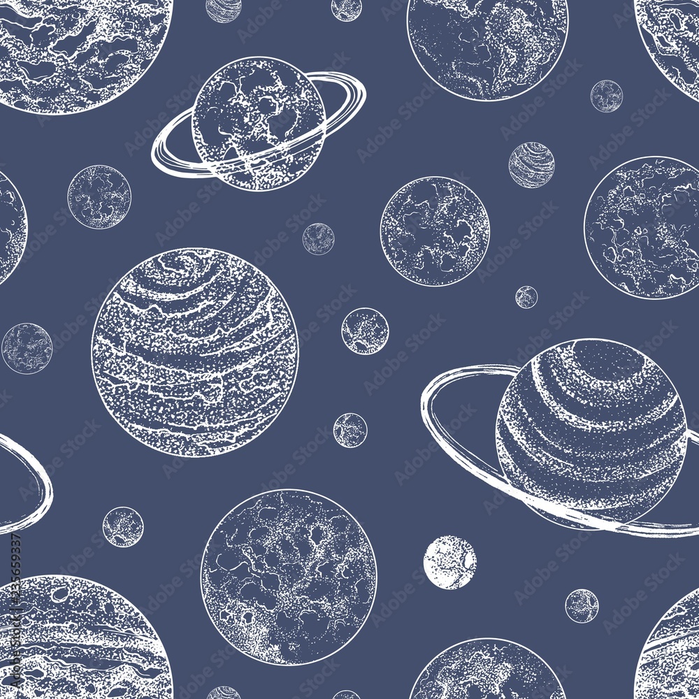 Wall mural monochrome seamless pattern with planets and other planetary bodies in outer space. backdrop with ce