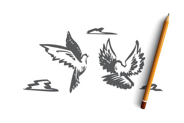 Obraz premium Freedom, peace, couple, flight, birds concept. Hand drawn isolated vector.