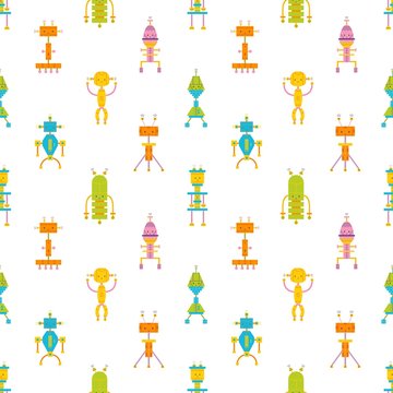 Childish seamless pattern with cute smiling robots on white background