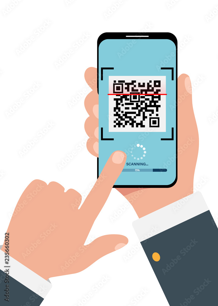Leinwandbilder scan qr code to mobile phone. in human hands mobile phone scanning qr-code icon. technology and busi