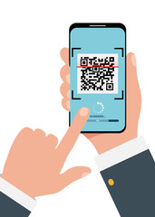 Scan QR code to Mobile Phone. In human hands Mobile phone scanning qr-code icon. technology and business concept. vector