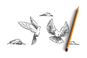 Freedom, peace, couple, flight, birds concept. Hand drawn isolated vector.
