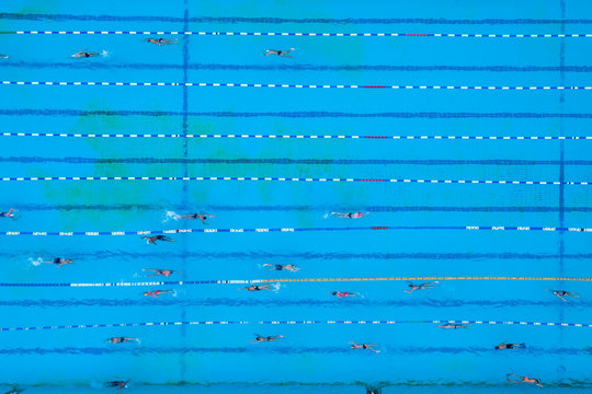 Aerial view of swimming pool with marked lanes and swimmers