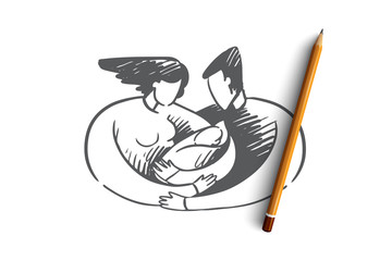 Birth, mom, dad, child, lactation, family concept. Hand drawn isolated vector.
