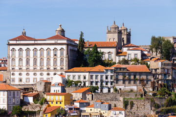 Naklejka na ściany i meble Porto, Portugal old town ribeira aerial promenade view with colorful houses