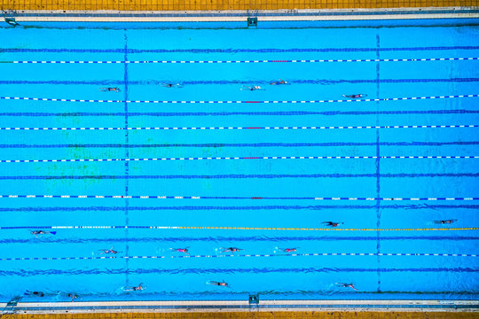 Aerial View Of Swimming Pool With Marked Lanes And Swimmers