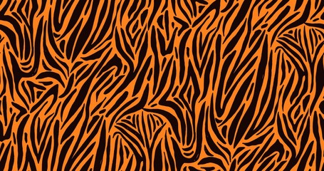 Natural seamless pattern with orange zebra or tiger coat of fur texture. Bright colored animal backdrop with stripes. Vector illustration in flat style for wrapping paper, textile print, wallpaper.