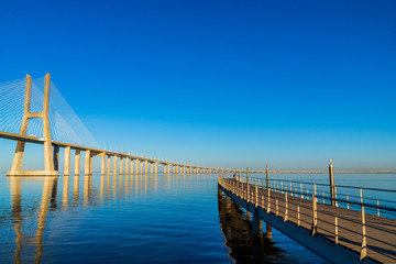 The Vasco da Gama Bridge in Lisbon, Portugal. It is the longest bridge in Europe