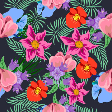 Tropical flower seamless vector pattern, floral fashionable tropic background for fabric textile, exotic hawaiian floral texture for print, trendy natural leaves for fashion textile on black