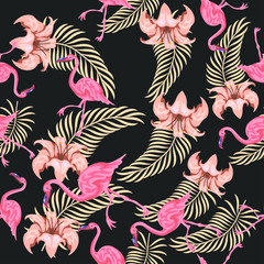 Tropical flower seamless vector pattern, floral fashionable tropic background for fabric textile, exotic hawaiian floral texture for print, natural leaves for fashion textile on black background