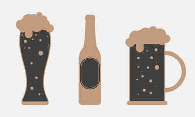 Set of 3 beer icons. Beer Glass, Mug, Bottle. Design elements for logos, emblems, labels, badges, posters. Vector illustration