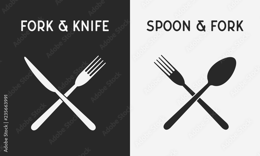 Wall mural set of restaurant knives icons. silhouette of fork and knife, spoon and fork. design elements for re