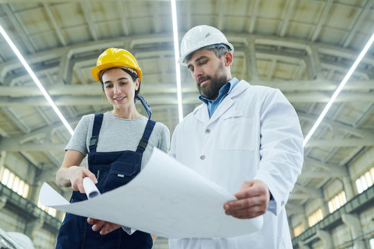 Low angle portrait of female factory worker discussing work with mature engineer holding plans