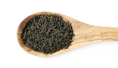 Green tea leaves in wooden spoon isolated on white background, top view