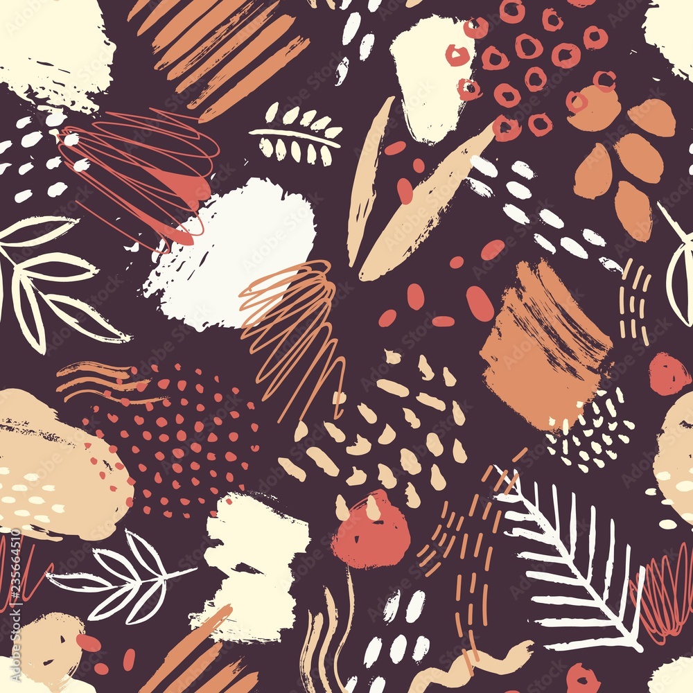 Poster trendy seamless pattern with abstract colorful paint stains, smudges, scribble on dark background. a