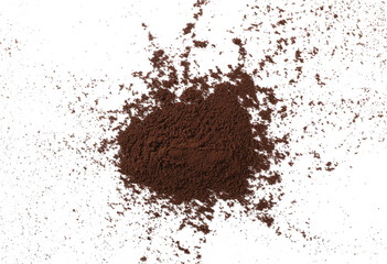 Instant powdered coffee isolated on white background, top view