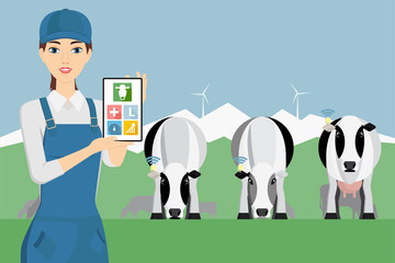Farmer with digital tablet on a cattle grazing. Internet of things in cattle breeding. Vector illustration