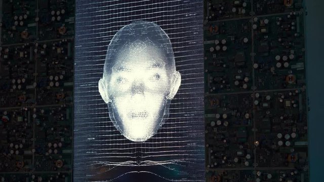 Virtual female assistant board spaceship hologram a lot of chips around