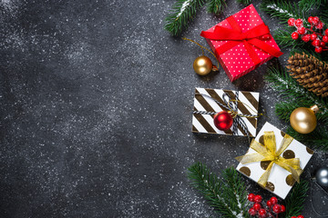 Christmas background - red, Gold and silver decorations and pres