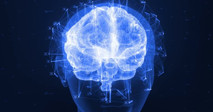 3D zoom render of a holographic digital style human brain conveying the idea of artificial intelligence, bio hacking and the fusion of nature and technology