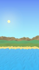 Sun Sea Beach. Noon. Ocean shore line with waves on a beach. Island beach paradise with waves. Vacation, summer, relaxation. Seascape, seashore. Minimalist landscape, primitivism. 3D illustration