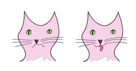 Katzen, fröhlich und traurig, pink, freigestellt auf weiß, Illustration von Kathrin Schwertner 