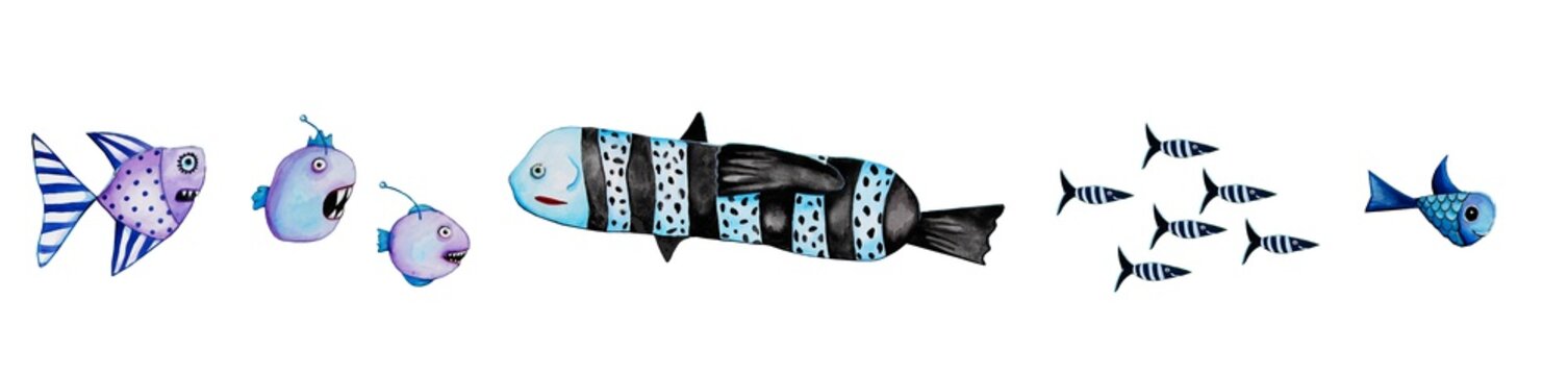 Fische, Kinderzeichnungen, freigestellt auf wei&szlig;, Illustration von Kathrin Schwertner 