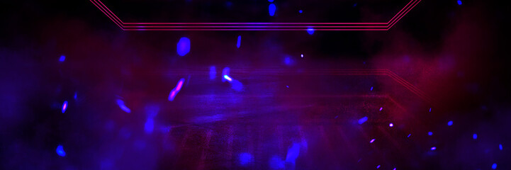 Background wall with neon lines and rays. Background dark corridor with neon light. Abstract background with lines and glow. Wet asphalt, neon smoke.