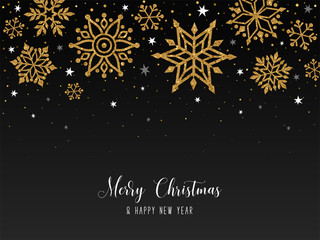 Christmas background. Vector illustration with golden glitter snowflakes and "Merry Christmas" inscription, isolated on the black background.