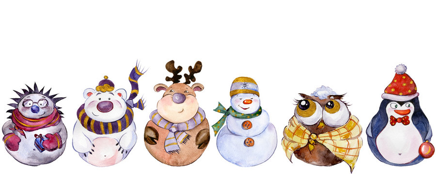 Set of Christmas characters (snowman, reindeer, polar bear, owl, hedgehog, penguin) isolated on white background. Watercolor painting. Hand painted.
