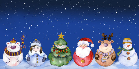 Seamless pattern with funny Christmas characters (Santa, Snow Maiden, caribou, polar bear, Christmas tree, snowman) on night sky background. Watercolor painting.