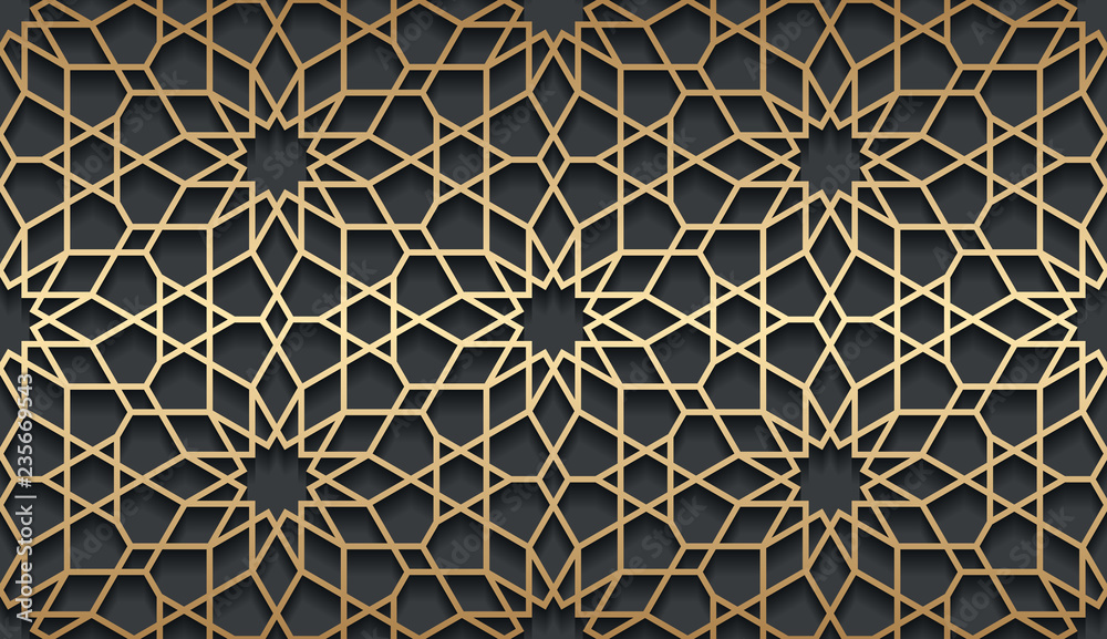 Poster vector islamic golden horizontal background. seamless oriental volumetric pattern with shadow.