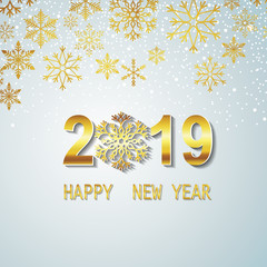 Fototapeta na wymiar happy new year 2019 vector greeting card and poster design with golden snowflakes. Logo banner design holiday card on white background, snowflakes pattern.