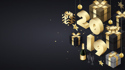 Happy New Year 2019 background with gold 3d gifts and Champagne.