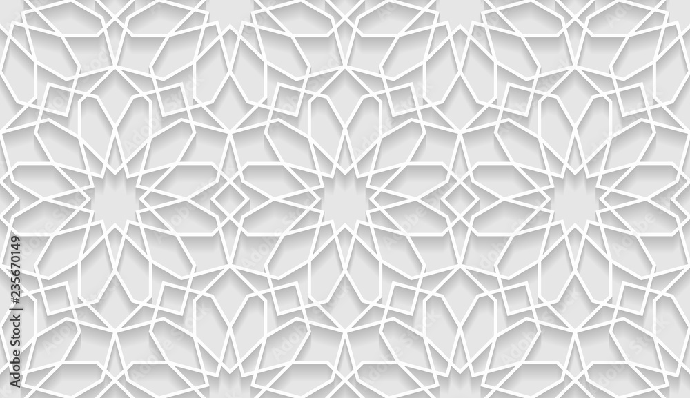 Poster vector white islamic horizontal background. seamless oriental volumetric pattern with shadow.