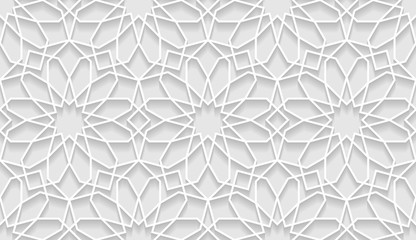 Vector white islamic horizontal background. Seamless oriental volumetric pattern with shadow.