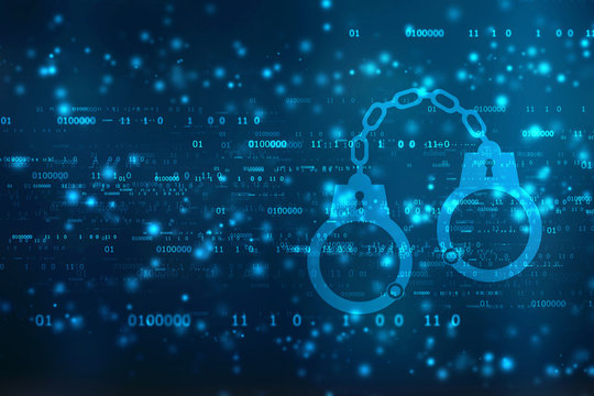 Cyber Security concept: pixelated handcuffs icon on digital background, Cyber crime concept,  3d render