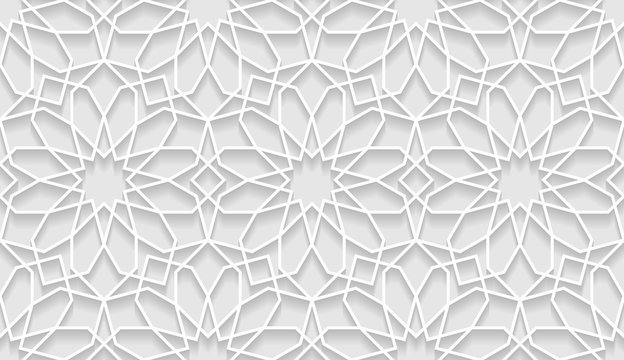 Vector white islamic horizontal background. Seamless oriental volumetric pattern with shadow.