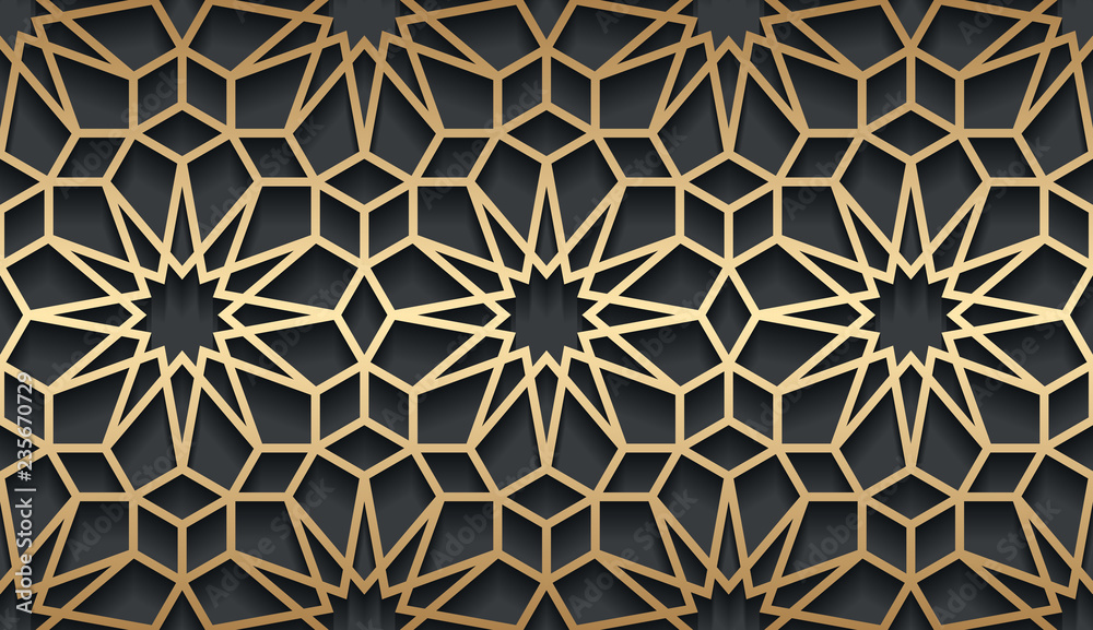 Poster vector islamic golden horizontal background. seamless oriental volumetric pattern with shadow.