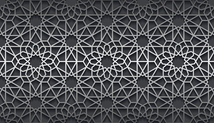 Vector islamic silver horizontal background. Seamless oriental volumetric pattern with shadow.