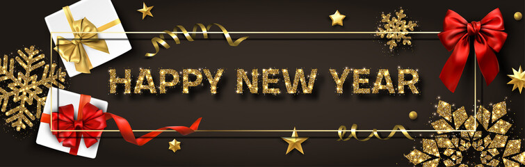 Happy New Year banner with gifts and gold shiny snowflakes.