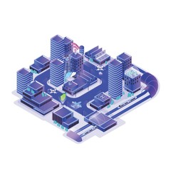 Smart city model isolated on white background. Urban area with electronically managing traffic, energy consumption, water supply, community services. Colorful vector illustration in isometric style.