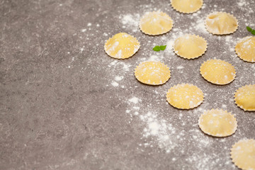 Tasty raw ravioli with flour on dark background. Process of making italian ravioli.