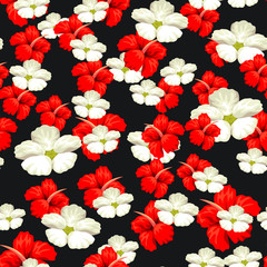 Tropical red flower seamless vector pattern, floral fashionable tropic background for fabric textile, exotic floral texture for print, trendy natural hand drawn leaves for fashion textile on black