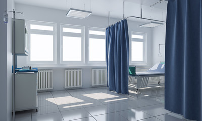 Medical Ward with Privacy Curtains and Wheeled Bed 3d rendering