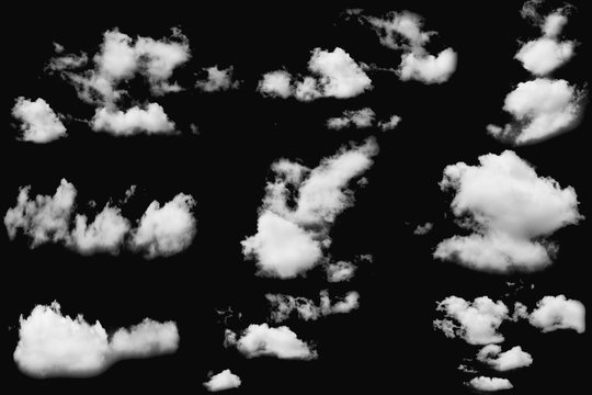 Set of cloud white fluffy on isolated elements black background
